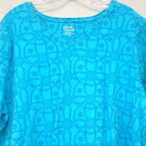 Blue Floral Print T-shirt Top Relaxed Fit Scoop Neck 100% Cotton